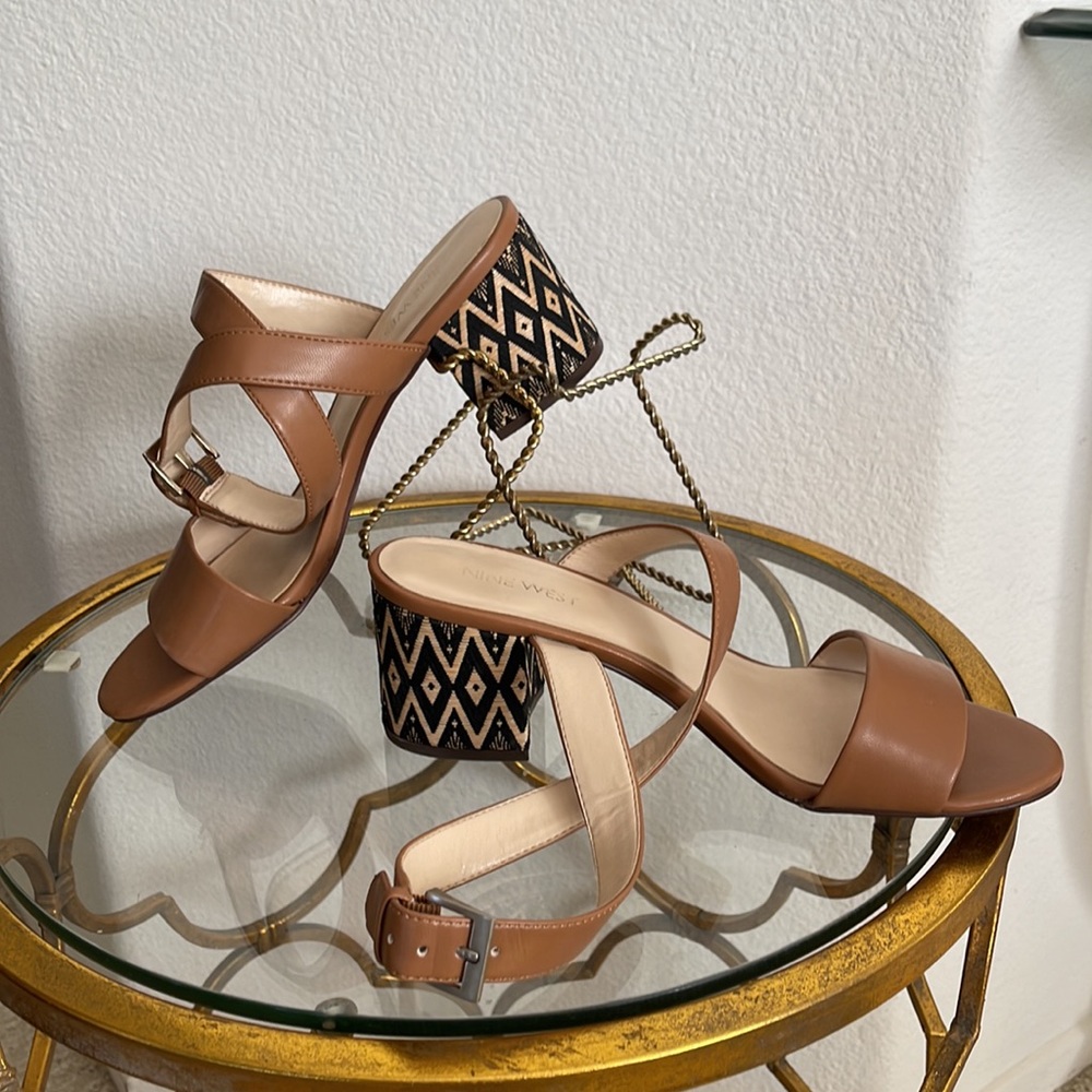 NINE WEST, Leather ankle strap sandal with woven design heal , gently worn